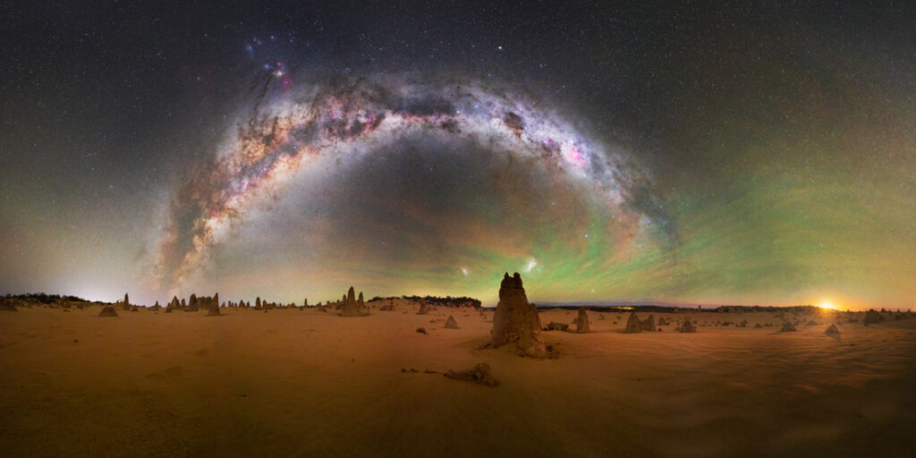 Milky Way rising over The Pinnacles in Western Australia as the moon sets