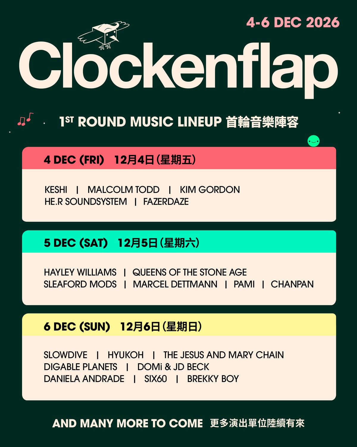 Clockenflap 2026 lineup by day