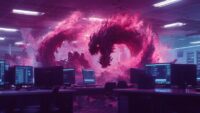 Cybersecurity risks illustrated as a digital dragon looming over an office of computers