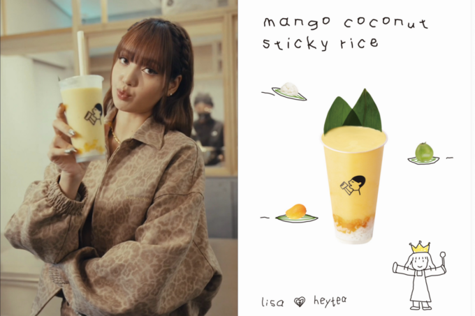 LISA heytea collaboration featuring the Mango Coconut Sticky Rice drink and LISA illustration