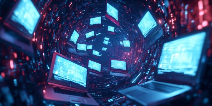 Lazarus APT campaign illustrated by laptops spiralling into a glowing digital tunnel