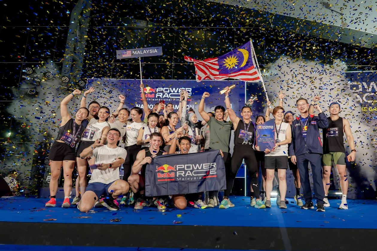 Team Malaysia celebrates winning the Red Bull Power Race Nations’ Trophy as confetti falls in Bangkok