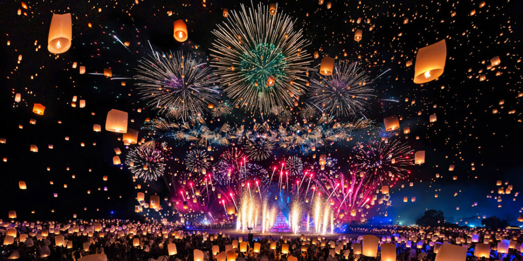 Floating lanterns and fireworks lighting up the night sky in Chiang Mai, Thailand