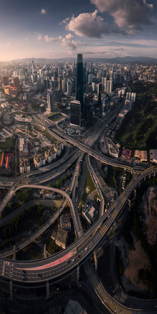 Aerial view of Kuala Lumpur highways and skyline by Ow Terence, a Pano Awards 2026 finalist